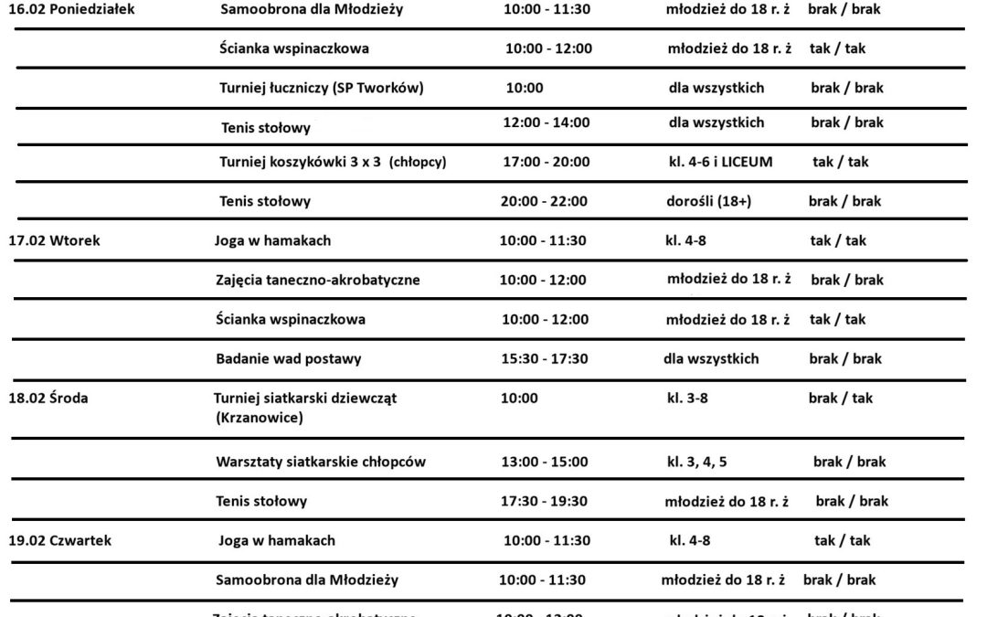 Harmonogram II Tydzień Ferii